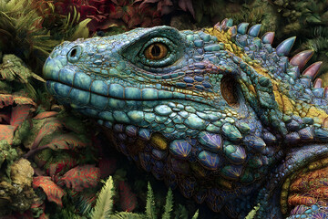 Fototapeta premium Vibrant close-up of a colorful lizard head.