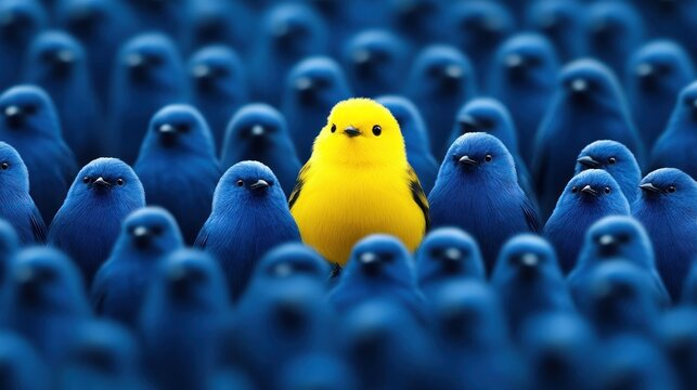 Yellow bird among blue birds individuality and difference