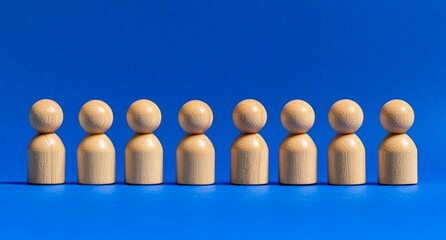 Wooden Figures In A Row Against Blue Background