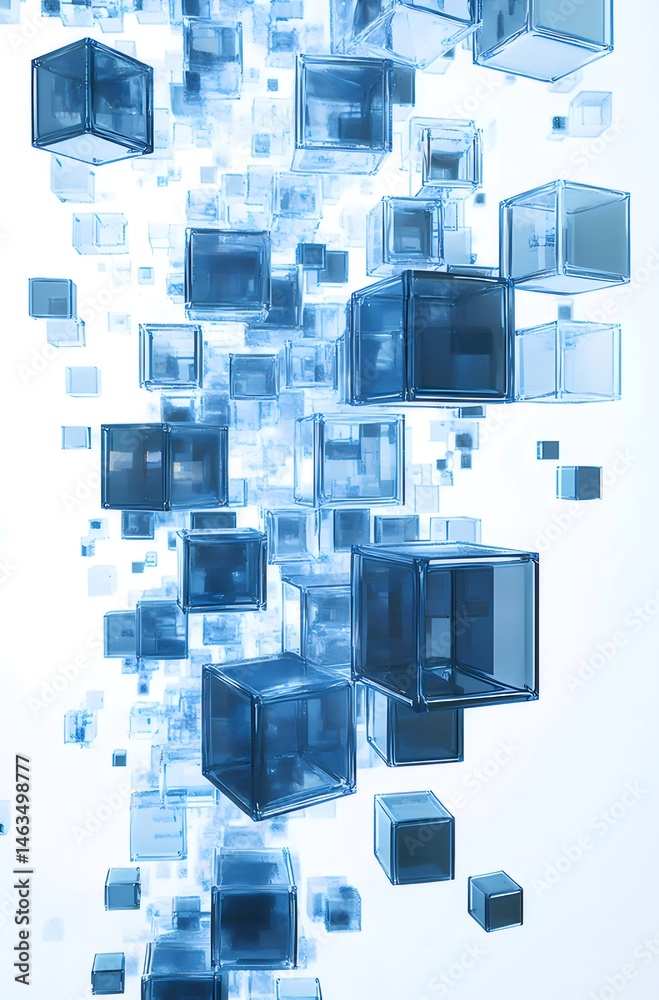 Aufkleber 青色半透明キューブの抽象的3D構造体、未来的な背景の要素デザインと幾何学的な形状パターン、現代的なテクニカルアートワーク