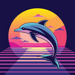 Obraz premium Vector cartoon illustration of a blue dolphin jumping out of the ocean wave, an aquatic mammal in nature, marine life design