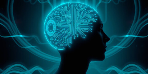 Obraz premium a futuristic and surreal style. It depicts a large, glowing, blue-tinted digital head with intricate circuit-like patterns, symbolizing artificial intelligence or a digital entity 