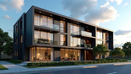 Modern condo office building exterior, showcasing sleek architecture and urban design , commercial, corporate, concrete