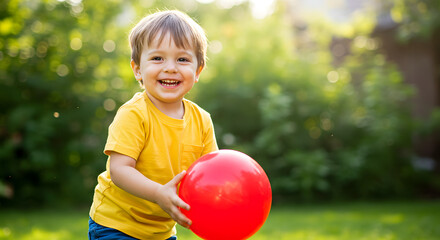 Happy little boy holding a red ball outdoors with a big smile on his face