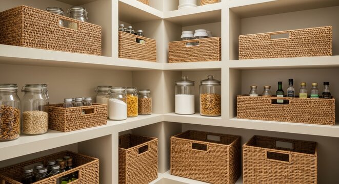 Modern Pantry Organization with Wicker Baskets - Stylish and functional kitchen storage. Neutral tones, wicker baskets, and organized shelves create a calm and efficient space. Simple, efficient