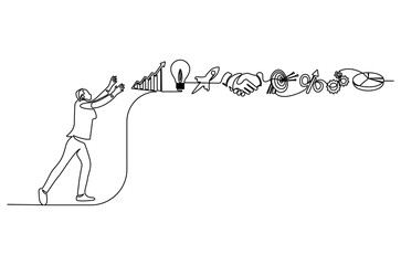 Continuous one line drawing of Businessman with floating business icon. Single line drawing illustration of Young businessman. Success business concept vector art. Doodle line illustration.