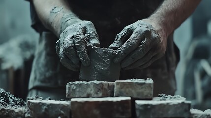 Hands Shaping Clay into Bricks