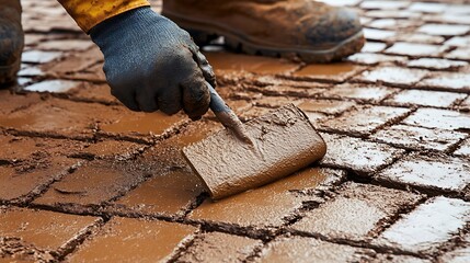 Worker Installing Wet Bricks for Paving
