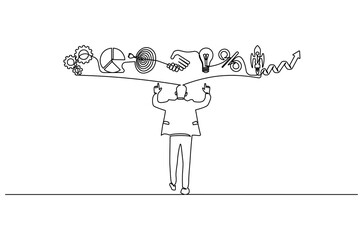 Continuous one line drawing of Businessman with floating business icon. Single line drawing illustration of Young businessman. Success business concept vector art. Doodle line illustration.