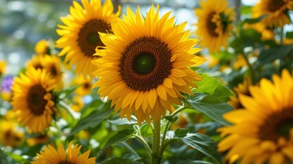 Golden Sunflowers Bloom in a Lush Garden