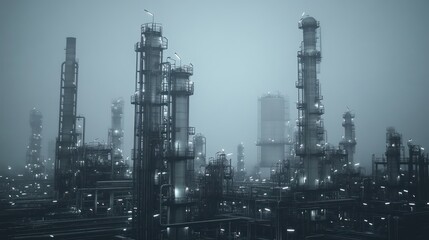Obraz premium Industrial refinery complex in foggy atmosphere