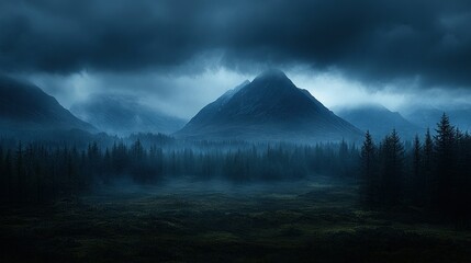 Mystical mountain landscape beneath a veil of twilight and brooding clouds