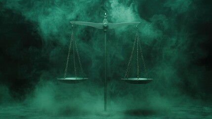 Vintage balance scale in moody green fog symbol of justice and equilibrium