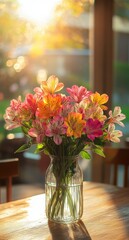 Sunlit bouquet of colorful flowers in a vase on a wooden table by a window during sunset.
