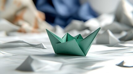 Teal origami boat on crumpled paper background