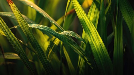 Closeup grass blades dewdrops