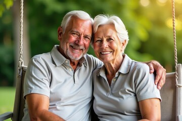 Smiling senior couple embracing, sitting on porch swing , joy, home