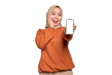 Amazed young Asian woman in orange shirt showing mobile phone blank screen recommending App isolated on transparent background
