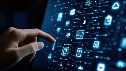 Interactive digital interface hand touching glowing network icons and circuitry