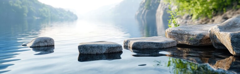 Fototapeta premium Tranquil river scene with stones nature photography serene environment close-up perspective