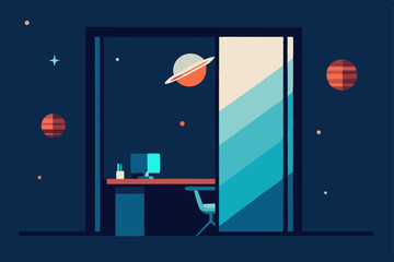 office drifting in outer space  stars through 
