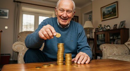 Senior Man Happy with Savings - Smiling senior man building stacks of gold coins, representing financial security and retirement planning