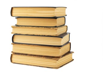 Fototapeta premium Stack of aged hardcover books with yellowed pages isolated on white background