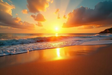 Obraz premium Stunning sunset over a tranquil beach, golden light reflecting on the sand and waves , orange, bright