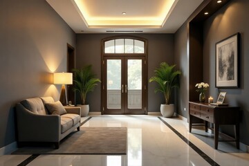 Stylish foyer, modern furniture, business briefcase, successful entrepreneur feel , image, contemporary, bright