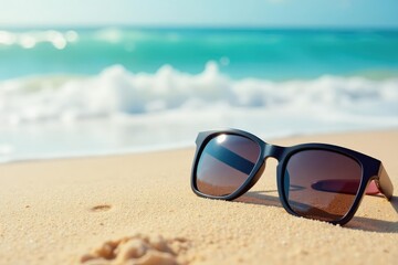 Stylish sunglasses resting on a sandy beach, ocean waves in the background , yellow, summer, vacation