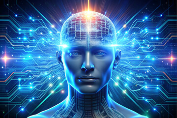 Digital Mind: A futuristic portrayal of a human mind, enhanced by intricate digital networks, illuminated with vibrant energy to signify innovation and technological advancement.
