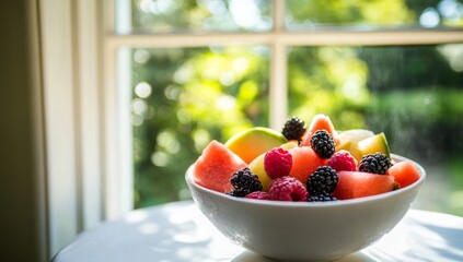 Colorful Fruit Salad In White Bowl By Window