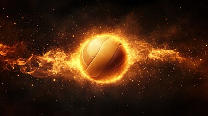 Fiery volleyball streaking across dark background dynamic sports image