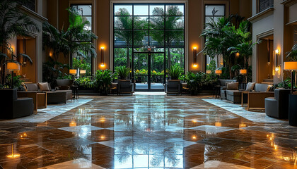 Luxurious Hotel Lobby Interior with Marble Floor and Greenery