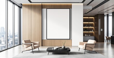 Contemporary office interior with stylish lounge chairs, central table, blank poster, and city view through large windows. Ai generative