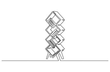 Continuous one line drawing of Shelving unit with books. Single line drawing illustration of Bookshelf. Interior decoration concept vector art. Doodle line illustration.