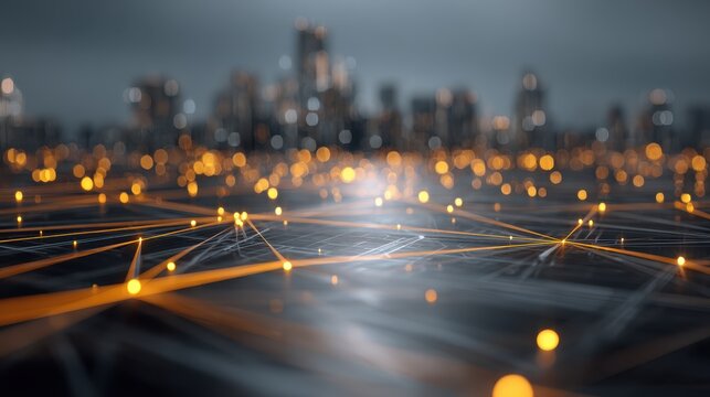 Abstract Cityscape with Glowing Network Connections Low Angle Shot for Technology and Communication Concepts