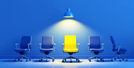 Office chairs in a row with one yellow chair highlighted by a hanging lamp, on a blue background. Creative interior concept. Ai generative