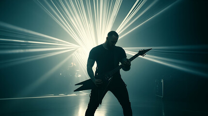 Male Guitarist Performing on Stage with Dynamic Lighting