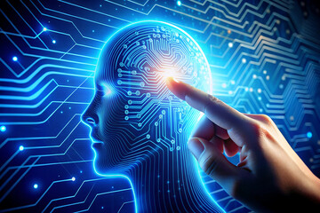 Global network concept: a human hand with binary code touches a digital screen to connect the virtual world