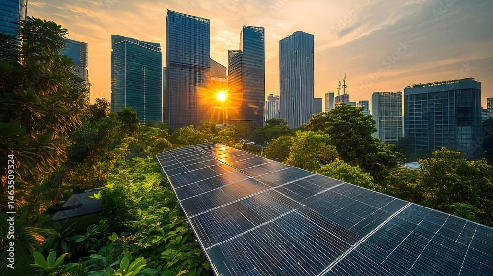 Poster シンガポールの夕暮れ時の都市景観と太陽光発電パネル グリーンエネルギーのコンセプト