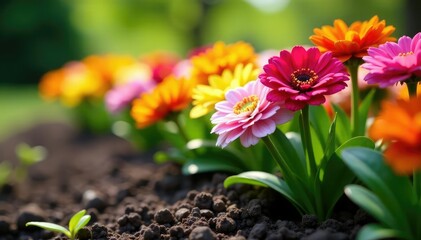 Vibrant bouquet of flowers planted directly in the ground, creating a stunning flower bed , blossoms, landscape, botany