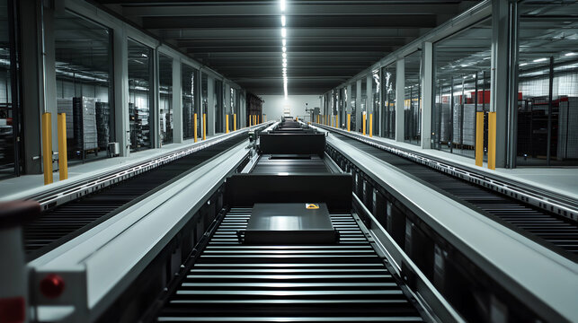 Industrial interior view of a long factory production line with overhead lighting.