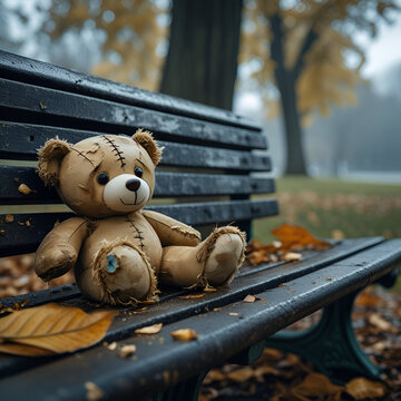 National Missing Children&rsquo;s Day, A worn-out teddy bear lying on a lonely wooden park bench, Ai generated images