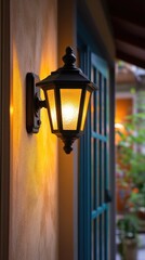 Illuminated vintage wall lantern shines warmly on textured stucco exterior of home at twilight hour