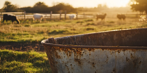 Fototapeta premium Rusty Water Trough in Rural Pasture at Sunset with Cattle in Background