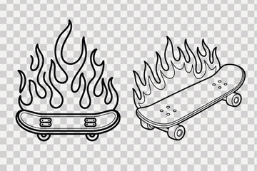 Flaming Skateboard Vector Line Art - Set of Two Illustrations