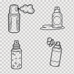 Set of Hand-Drawn Spray Bottle & Aerosol Can Icons - Black and White Vector Illustrations