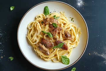 A delicious plate of creamy pasta with succulent pieces of meat and fresh basil leaves.