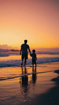 father son together sea beach walk father's day holiday peaceful sunset life vertical video slow motion